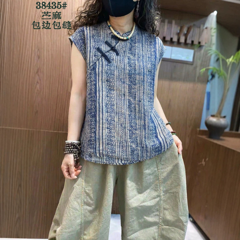 2026 Summer New Style Retro Floral Print Distressed Ramie Shirt Loose Round Neck Pullover Inner Top for Women