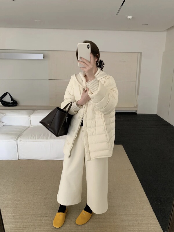 韩系超轻薄羽绒服女中长款针织连帽拼接小个子白鸭绒加厚保暖外套|undefined