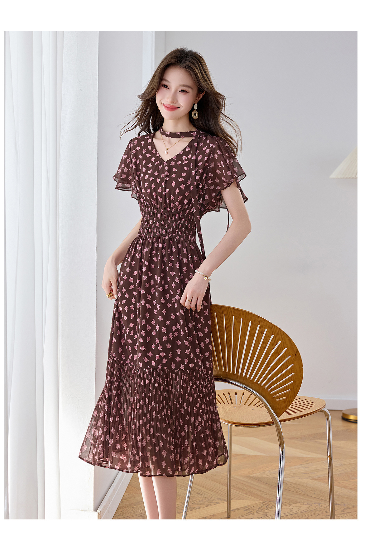 Đầm maxi nữ họa tiết hoa nhí thắt eo dáng chữ A dài quá gối — màu đen, màu hồng chi tiết 16