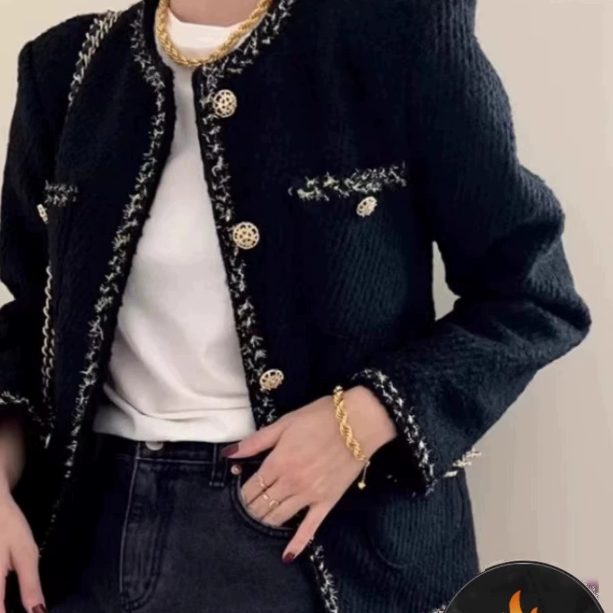 Черная модная демисезонная короткая куртка, стиль Chanel, западный стиль, для подростков, увеличенная толщина