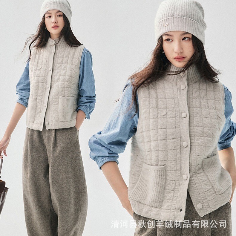 Layering essential~ Women's cashmere vest with textured cotton lining, thickened with pockets, color-blocked knitted cardigan, and open-front jacket