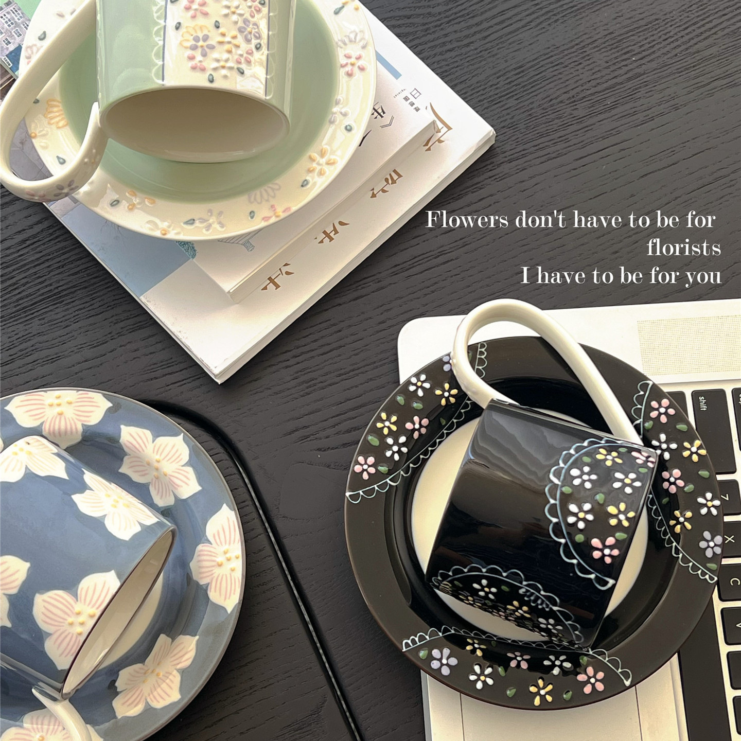 Shang 'en lujo medieval taza de café y plato conjunto de cerámica chica corazón marca taza retro relieve pintado a mano taza de menú de la tarde