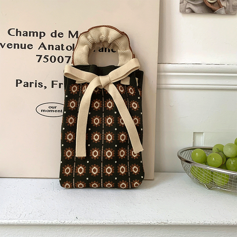 Bolsa de punto, oreja de madera, diseño de nicho, bolso con cordón de dibujos animados, bolso de mensajero portátil de todo fósforo, bolso de teléfono móvil