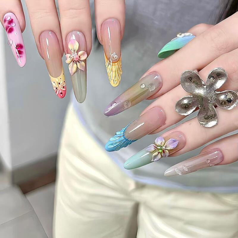 Handmade Wearable Nail Art 3D Ice Flower French Gradient Hawaiian Island Beach Vacation Style Monet Garden Nail Stickers Handmade Wearable Nail Art 3D Ice Flower French Gradient Hawaiian Island Beach Vacation Style Monet Garden Nail Stickers