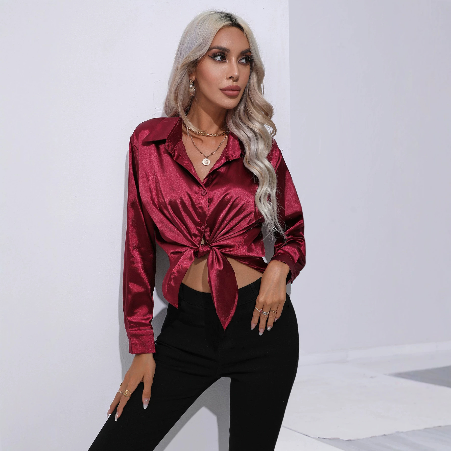 Explosions Real Shot Satin Shirt Women's Satin Silk Long Sleeve Shirt Spring and Summer New European and American Cross-border Women's Clothing