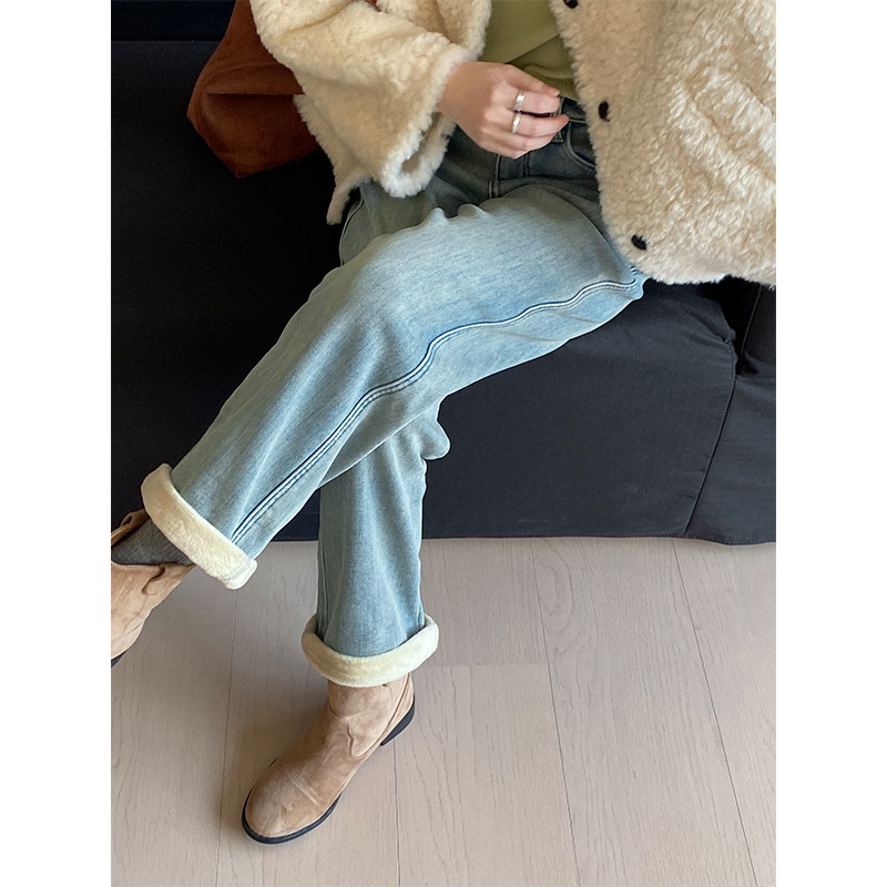 Those Chopsticks Leg Jeans fleece-lined Thickened Straight Pants Women's High Waist Slimming Mini-elastic Ankle-length Pants Trousers H912