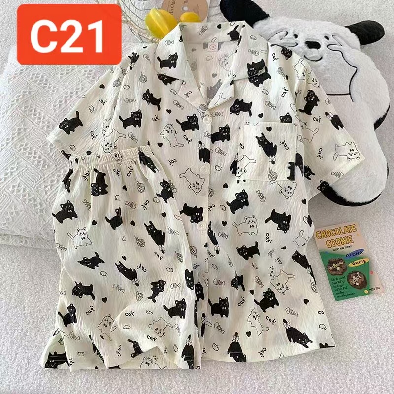 Pijamas de algodón nubes al por mayor transfronterizos de verano nuevos pantalones cortos de manga corta cardigan con solapas japonesas y coreanas de dibujos animados a cuadros