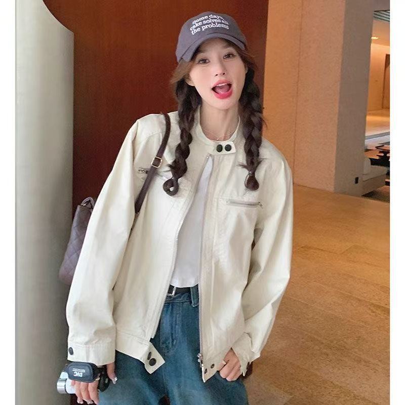 新品亚马逊欧美美式复古立领工装外套女春秋新款宽松短款休闲夹克|undefined