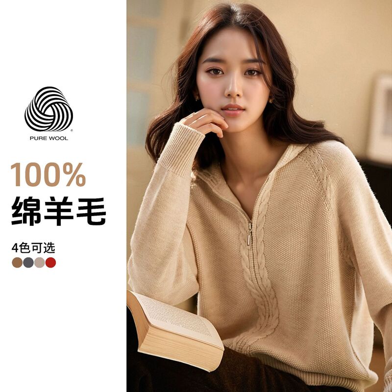 Autumn and Winter Style Puyuan Wool Sweater for Women, Casual Cardigan, Medium-Thick Zip-Up Hooded Knit Sweater for Women Bn93