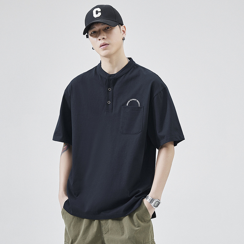 Stand Collar Polo Shirt Men's Short-Sleeve T-Shirt Summer Japanese Style Loose Men's Clothing Pure Cotton Half-Sleeve T-Shirt Old Money Style
