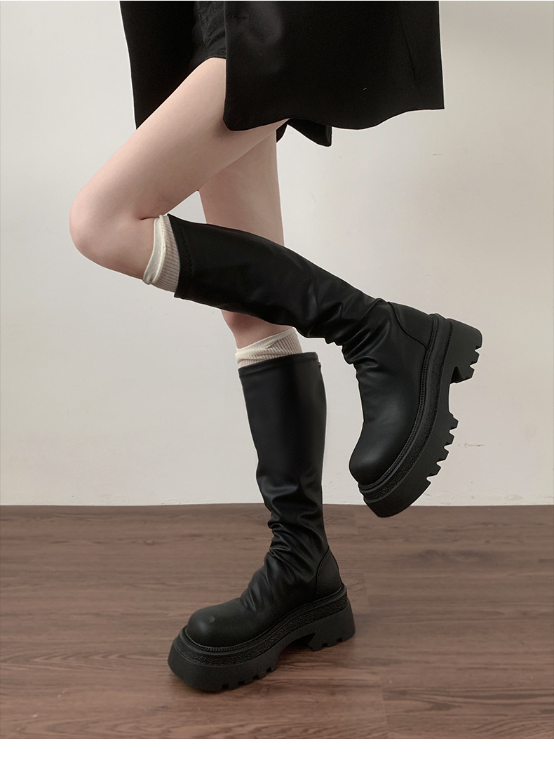 Black Knee-high Platform Boots For Women Thick Soled Knight Style_voghion.com