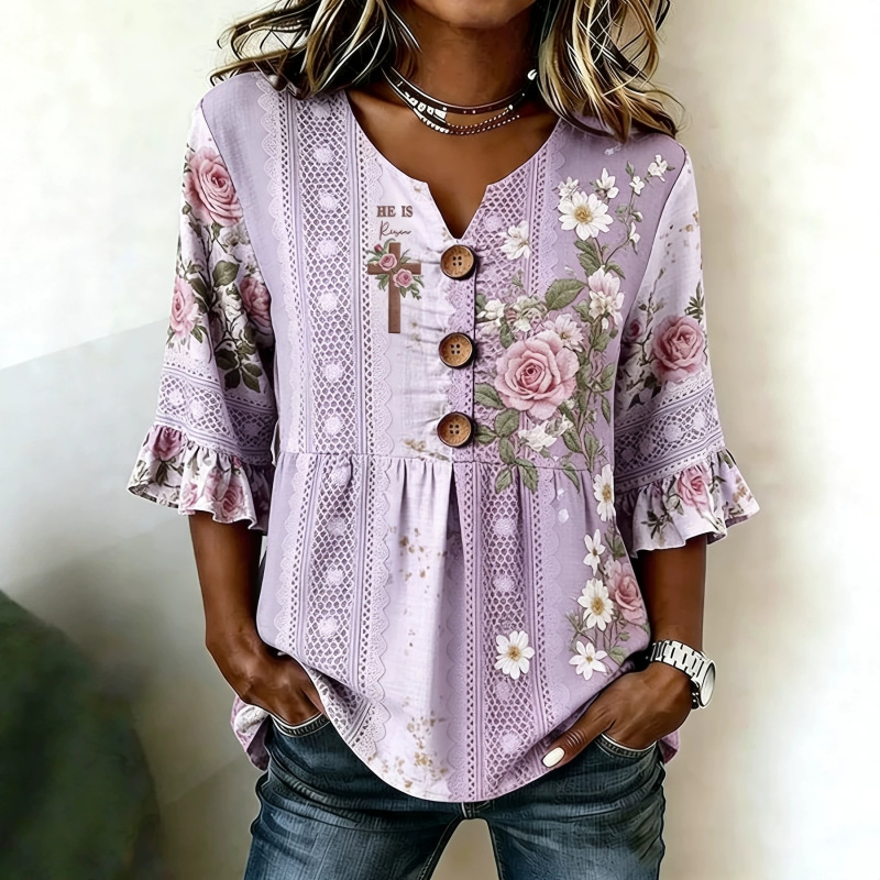 European and American Amazon Cross-Border Women's New Resort-Style Spring and Summer Floral Digital Print Retro Casual Loose Shirt