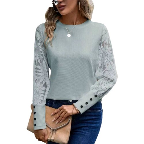 2024 Fall European and American Foreign Trade Amazon Solid Color Long Sleeve Embroidered Lace Spliced ​​Waffle Round Collar Top
