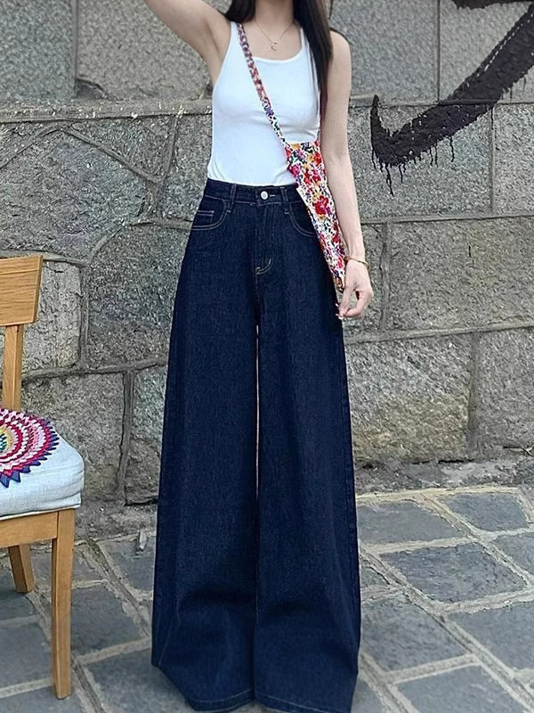 ins风美式春秋季款深蓝色阔腿牛仔裤女裤子直筒裤宽松显瘦拖地裤|undefined