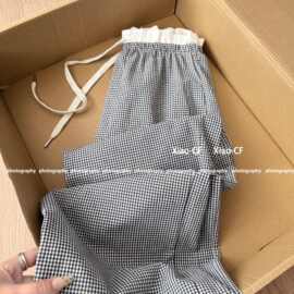 韩系花边拼接黑白格子阔腿裤女夏季高腰抽绳慵懒系带直筒休闲长裤