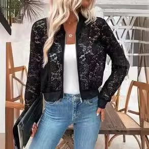 European and American Cross-Border 2025 Autumn and Winter New Elegant Women's Jacquard Lace See-Through Zipper Short Jacket Top Coat