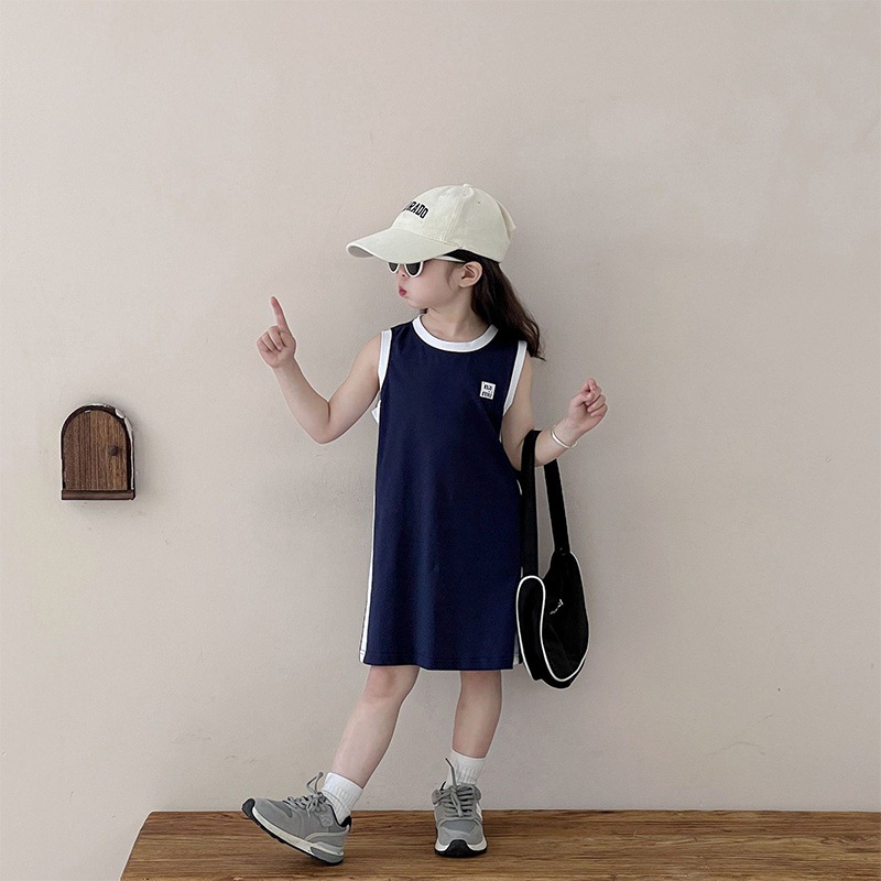 Summer Dress for Small and Medium-Sized Girls, Baby Children's Sports Style Skirt, Summer Dress, Mid-Length Korean Style Color Matching Vest Dress
