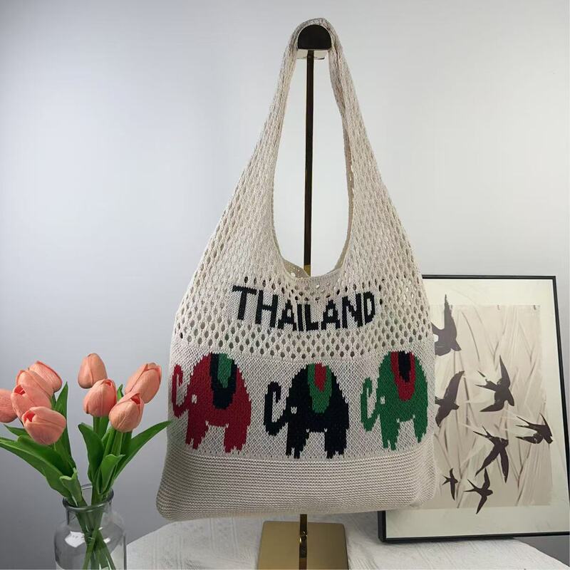 2025 New Tote Bag Beach Bag Knitted Bag Elephant Straw Bag Thai Vacation Style Bohemian Style Bag