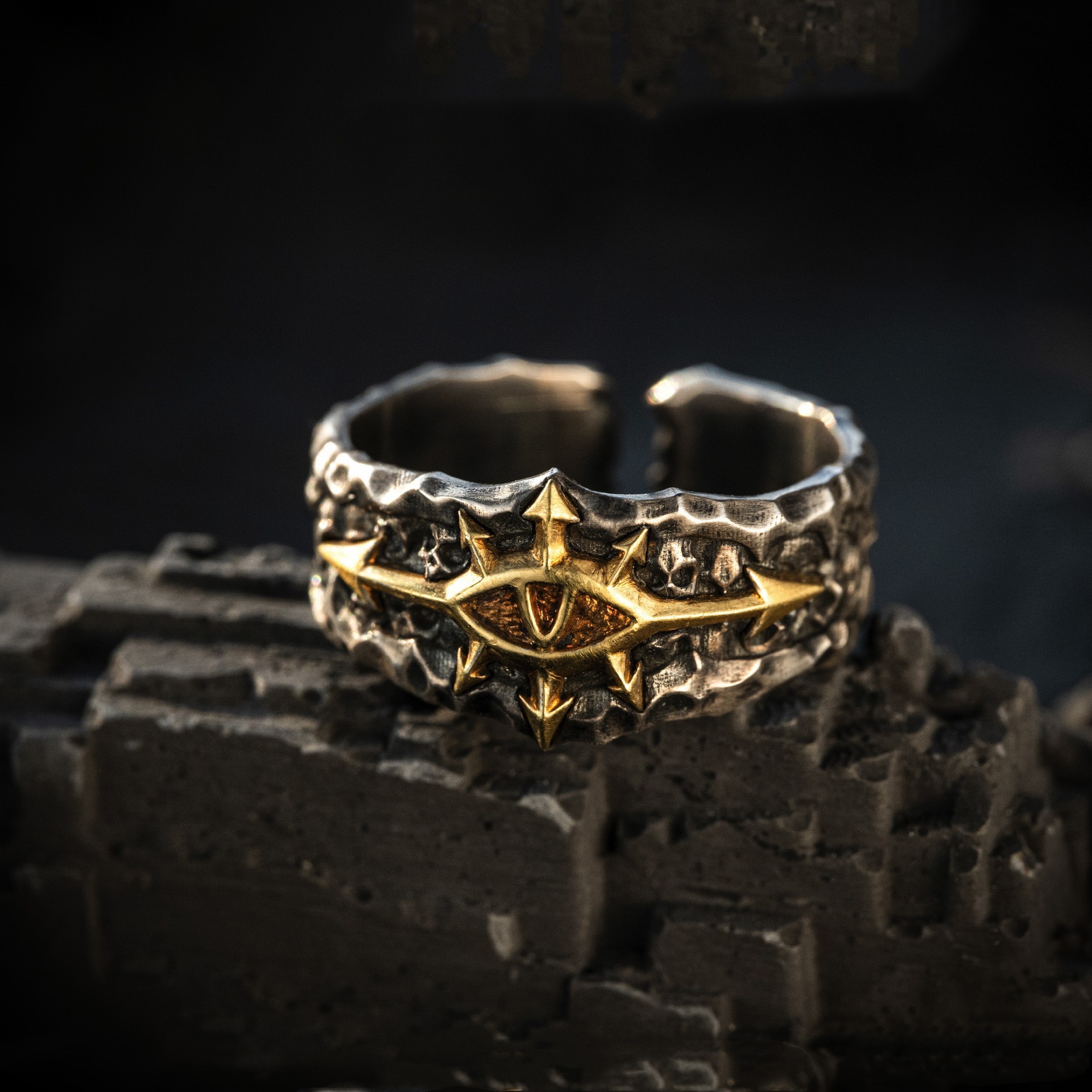 Vintage Starforged Black Expedition Champion Abaddon Emblem Men's Bold Personality Trend Open Ring