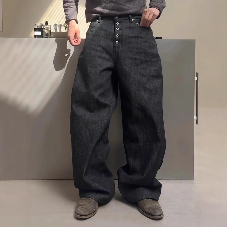 Europa y Estados Unidos transfronterizos retro estilo americano alta tendencia de la calle botones personales jeans de color sólido casual pantalones de piernas largas