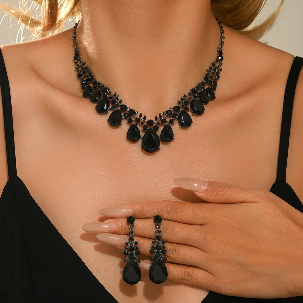 Conjunto de pendientes de collar exagerado retro europeo y americano, cadena de clavícula de gema de cristal, conjunto de joyería de dos piezas para mujer, accesorios de moda