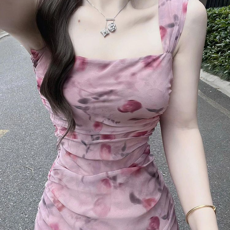 Summer Tea Break French Elegant Pink Floral Sling dress Children's Beautiful Fairy Dress Waisted Slim-fit Long Dress