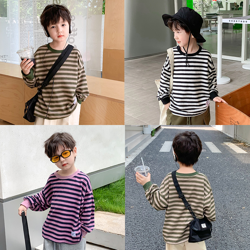 Elmo Beibei Children's 2024 Spring Versatile Striped Bottoming Tops for Boys and Girls Contrast Color Labeled Loose Sweater Trendy