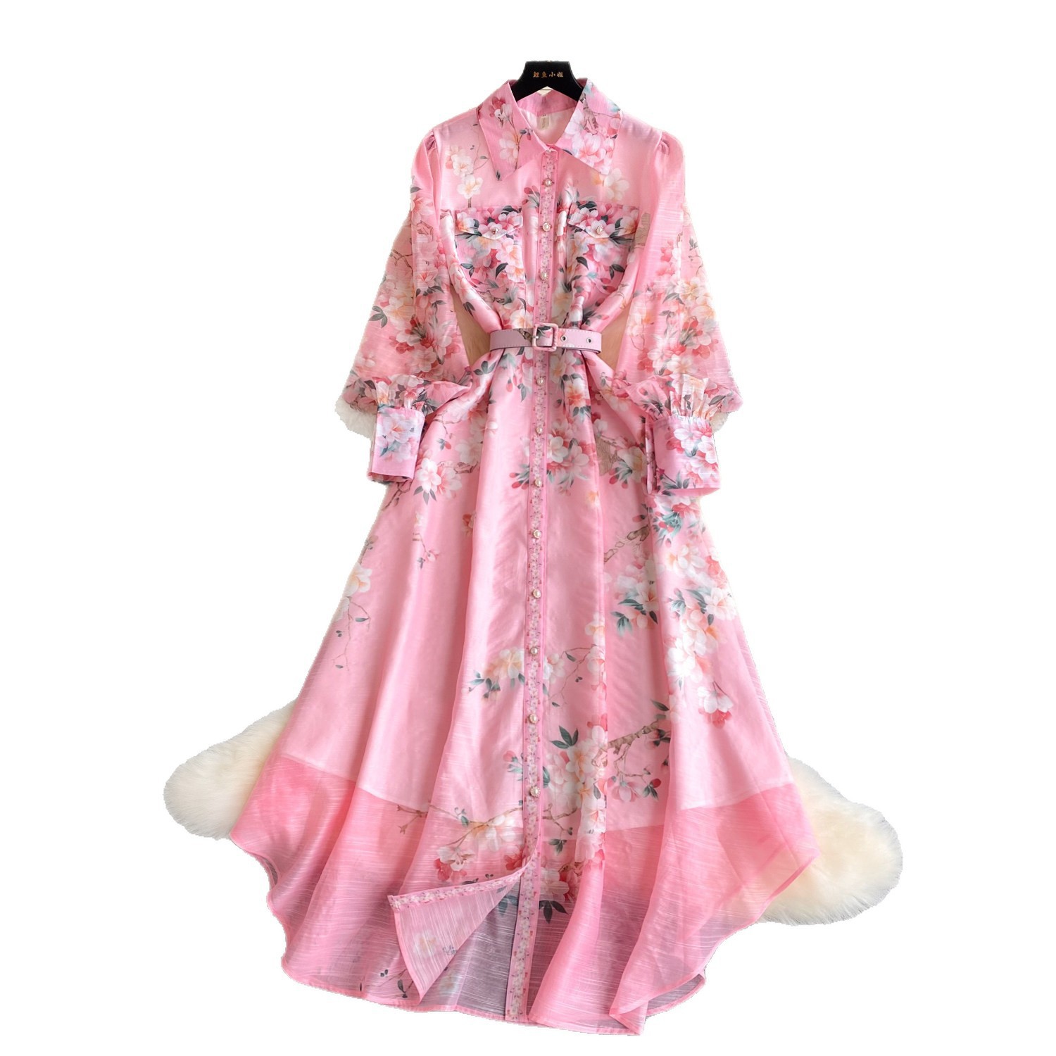 Women's French Style Printed Dress Fitted Openwork Long Sleeves Lapel Collar Tie Waist A-Line Long Skirt for Commuting_ecoleips.com