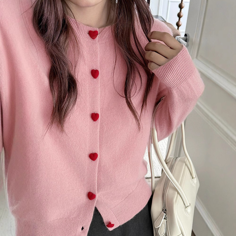 Korean Style 2025 Autumn and Winter Sweet Age-Reducing Heart Button Knitted Cardigan Women's Round Neck New Versatile Sweater Jacket Versatile