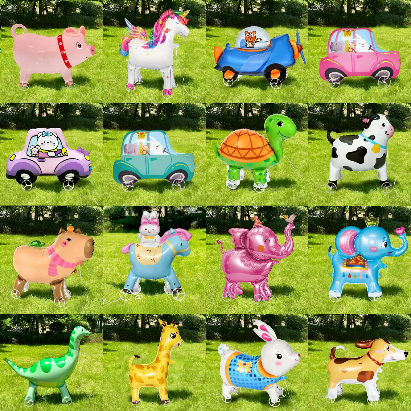 跨境新款带轮走路牵引动物卡通玩具铝膜气球地推派对装饰儿童可爱