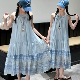 夏季女童挂脖连衣裙无袖2026新款儿童夏装巨好看中大童公主裙长裙