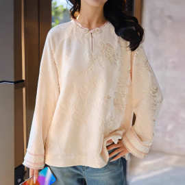 新款真丝丝绒牡丹奶杏新中式上衣显白温婉气质国风对扣有里衬衬衣