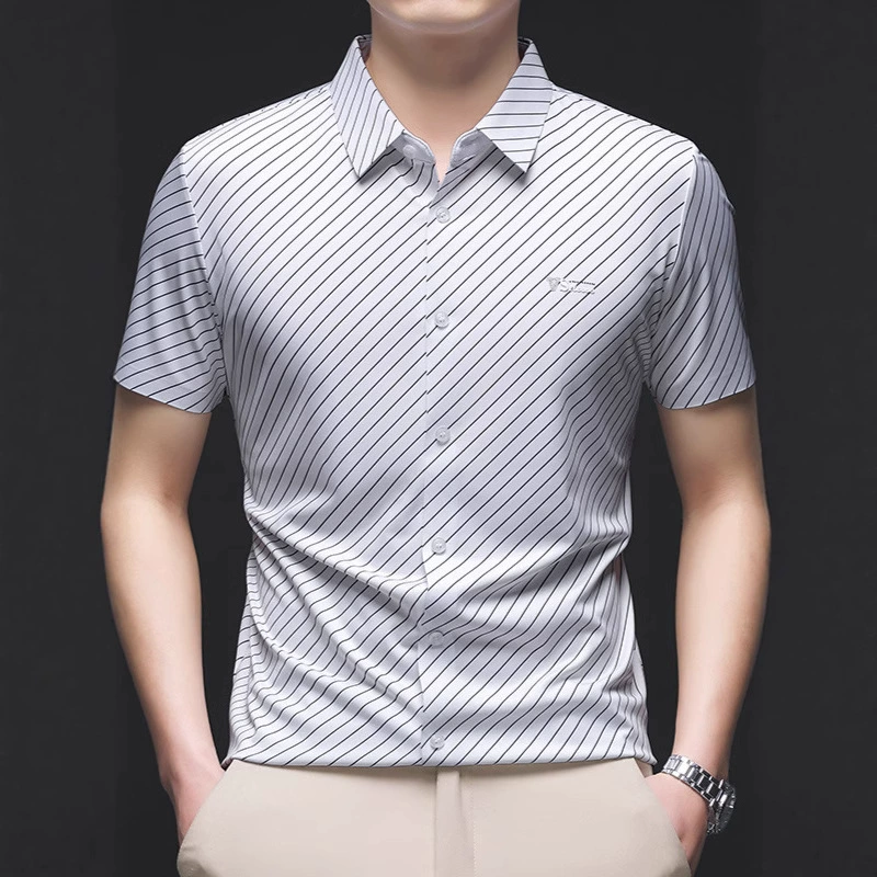 2025 новая летняя мужская бесшовная рубашка с коротким рукавом, лацканы с диагональными полосками, принтованный топ, деловая повседневная рубашка для мужчин