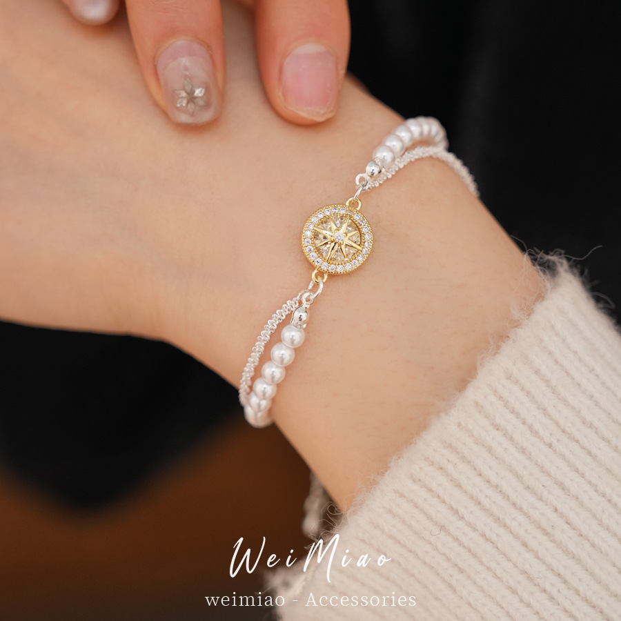 Pulseras de perlas redondas de diamante de diamante de diamante de doble capa de pulseras de lujo ligeras de alta calidad temperamento delicado joyería de moda