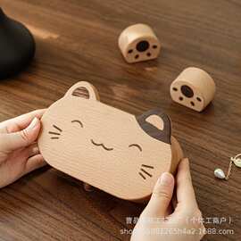 精致招财猫首饰盒实木首饰收纳盒2024新款便携木质戒指项链饰品盒