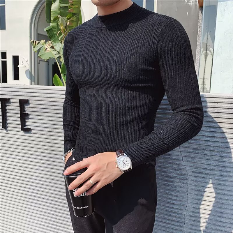 Men's British Style Slim Fit Turtleneck Sweater Korean Style Knitwear Casual Striped Base Layer Autumn New Versatile_viptrois.com