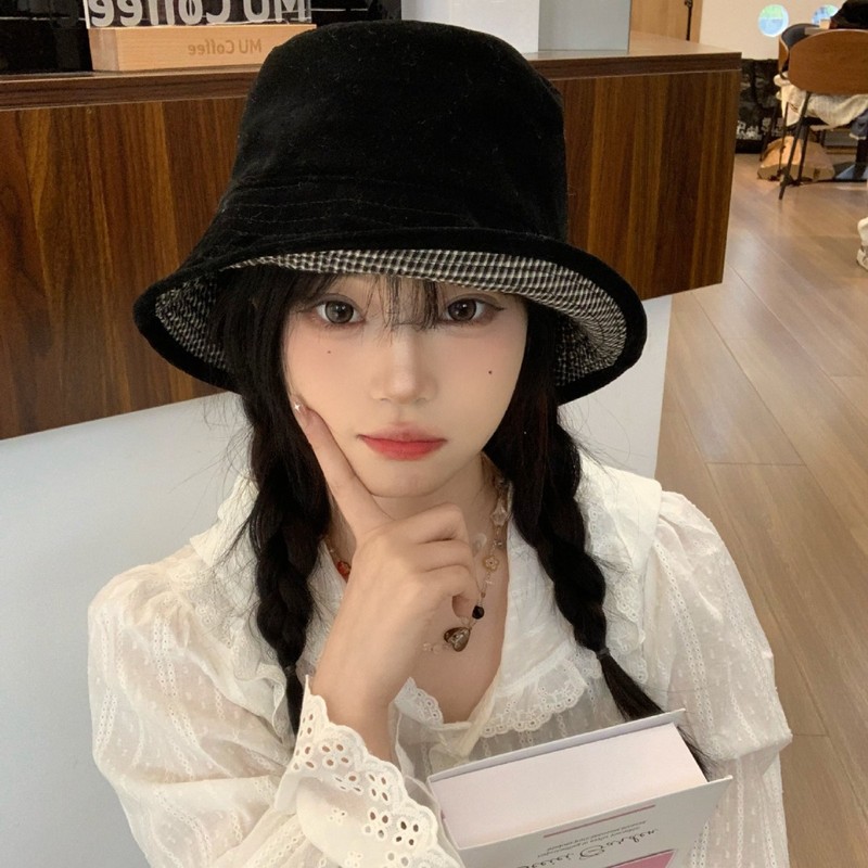 早秋美拉德风双面戴格纹渔夫帽女复古小众鹿皮绒盆帽百搭水桶帽子|undefined