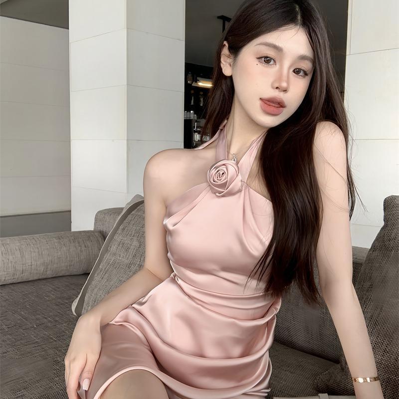 2026 Summer New French Style Pure Satin Halter Dress for Women with Floral Design, Elegant Slim-Fit Short Dress 2026 Summer New French Style Pure Satin Halter Dress for Women with Floral Design, Elegant Slim-Fit Short Dress