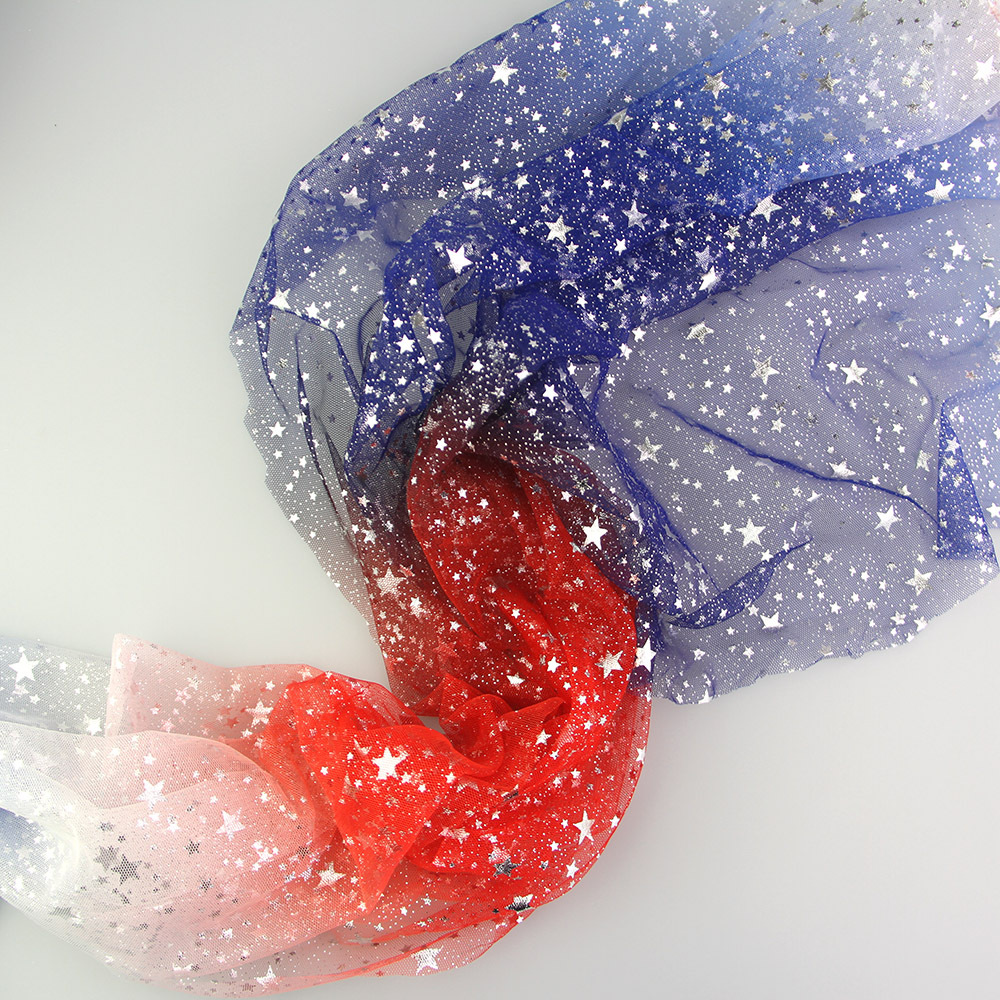 红白蓝渐变色三色网纱布料 烫银小星星网布童装面料 新款