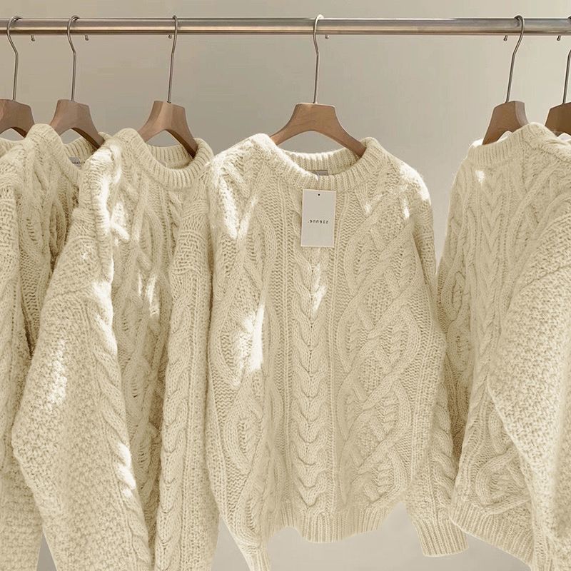 日系复古韩版米白色麻花毛衣女加厚外穿宽松慵懒风显瘦毛针织上衣