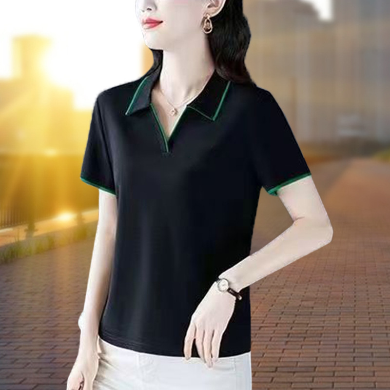 Contrast Color Lapel Short-Sleeved Polo Collar T-Shirt for Women 2026 Summer New Style Mother's Wear Workwear Professional Wear Contrast Color Lapel Short-Sleeved Polo Collar T-Shirt for Women 2026 Summer New Style Mother's Wear Workwear Professional Wear