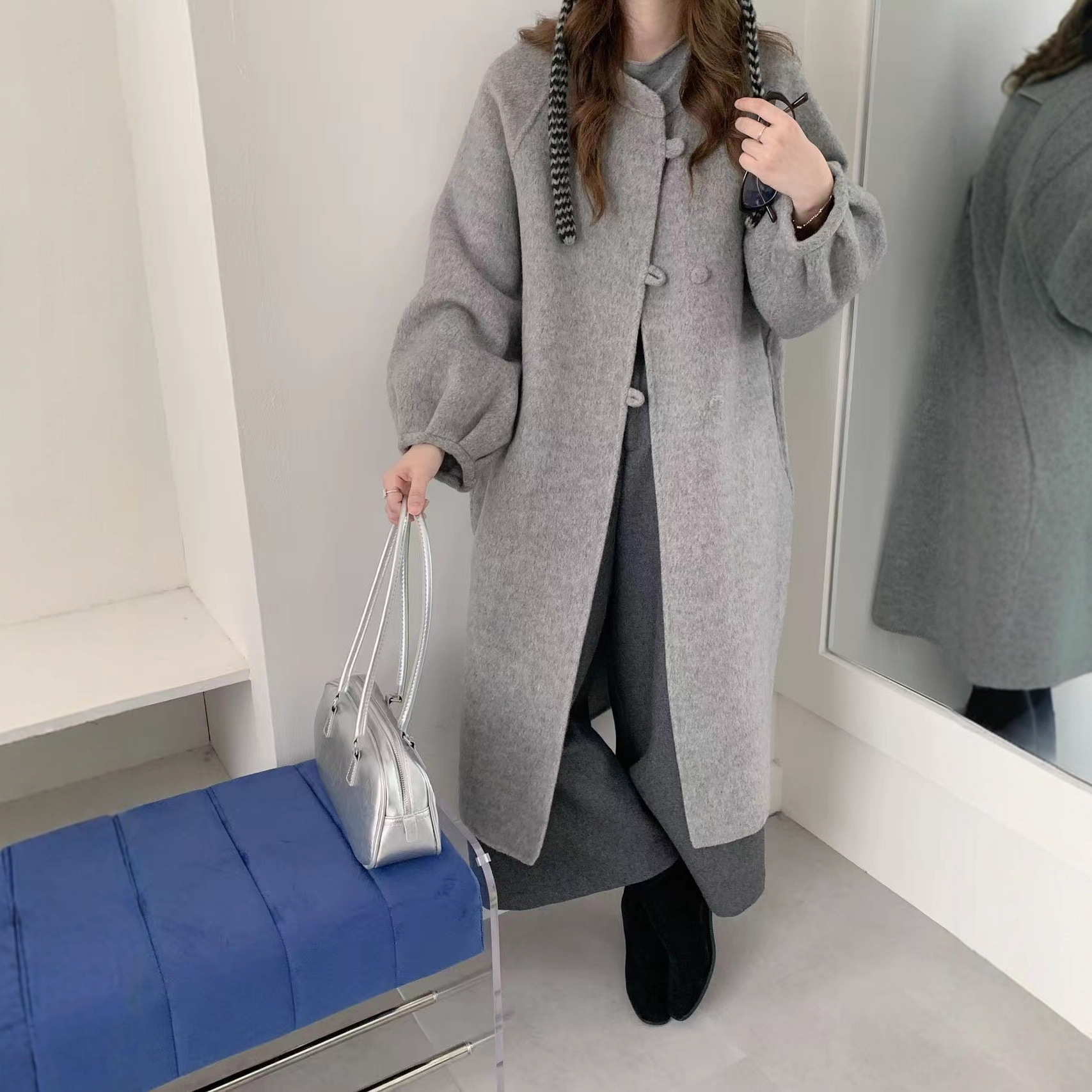 {灯笼袖)韩版简约设计休闲百搭气质毛呢外套2025秋冬新款双面羊