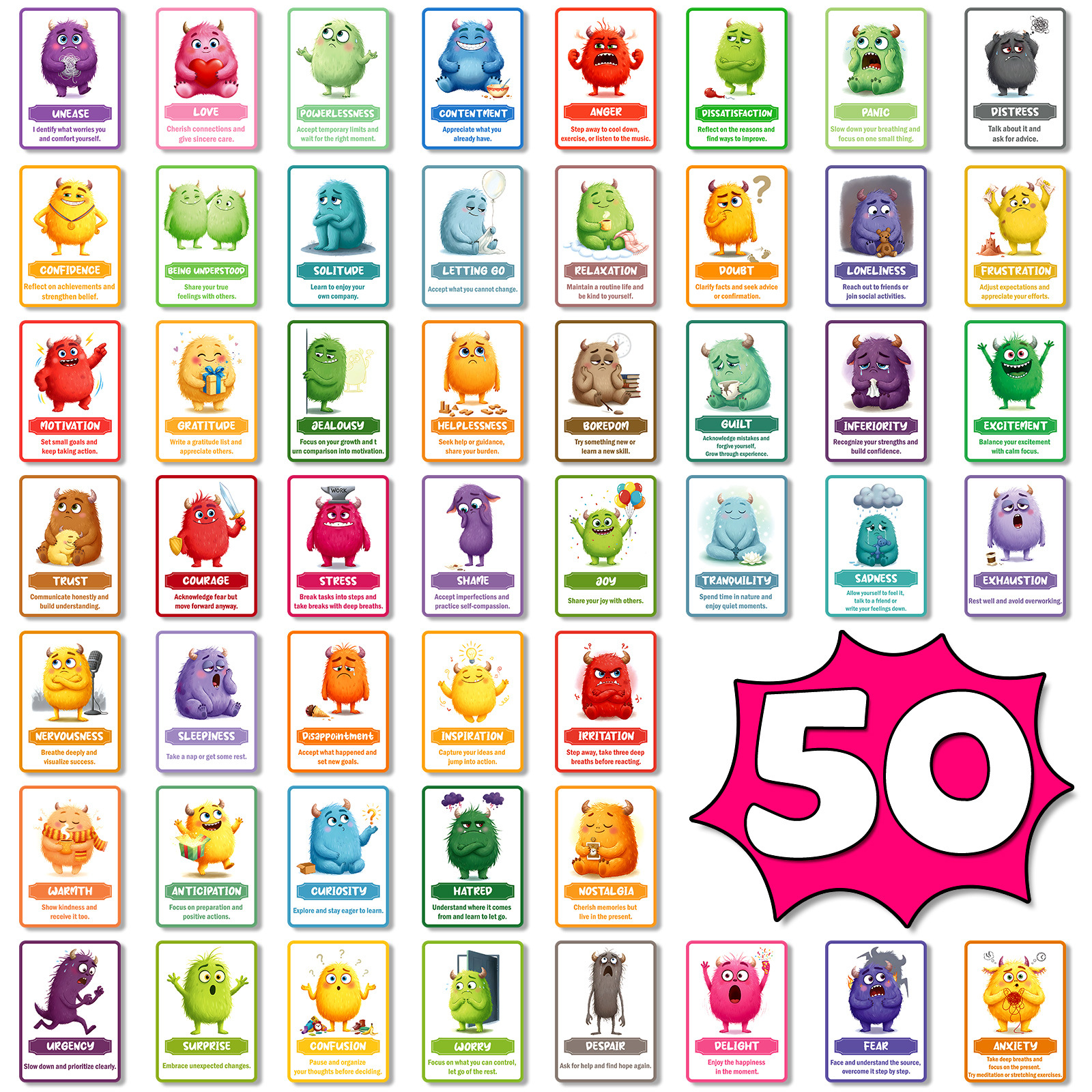 50 nieuwe grensoverschrijdende tekstcitatenkaarten, creatieve en unieke schattige cartoonmonster-emotiekaarten_voghion.com