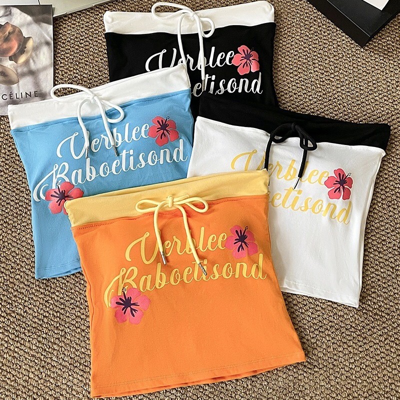 Dopamine Outfit Color-Blocking Letter Print Drawstring Strapless Tank Top with Chest Pads Slim Off-Shoulder Top Trendy