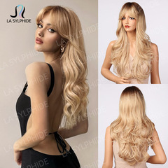 Amazon Best Selling Women's Foreign Bangs Wig Full Head Cover Mechanical Synthetic Fiber Golden Hair Long Wavy Hairstyle