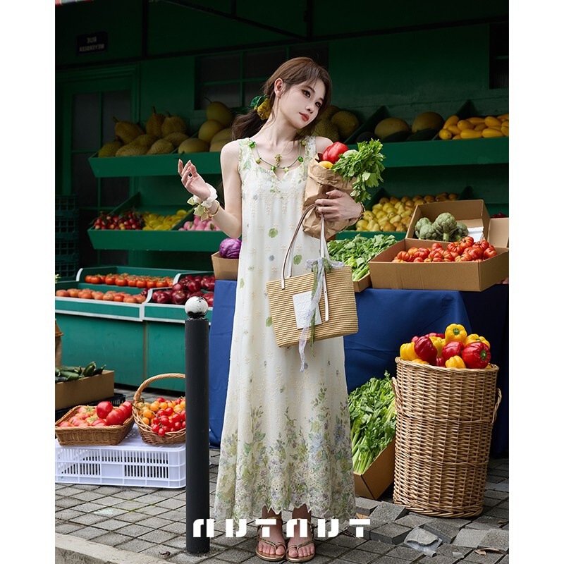Tunt Spring/Summer Floral Spirit Forest Style Fresh French Heavy Embroidery Beaded Dress