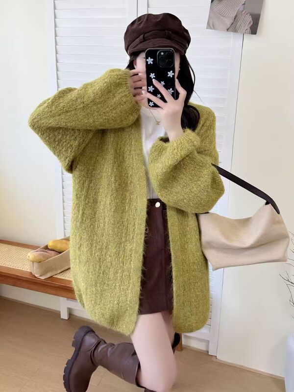 欧美跨境中长款毛衣女外套秋冬季新款纯色休闲慵懒风宽松针织开衫|undefined
