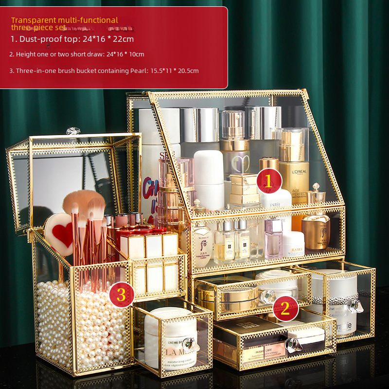 Glass cosmetic storage box, table lipstick for skin care, dressing table, internet celebrity, light luxury style