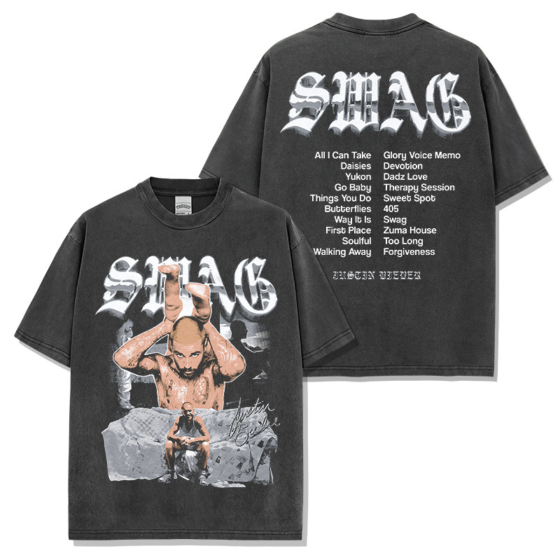 Cross-Border American Justin Bieber Swag Printed Short-Sleeved T-Shirt Washed Loose Round Neck Hooded Sweatshirt Wholesale