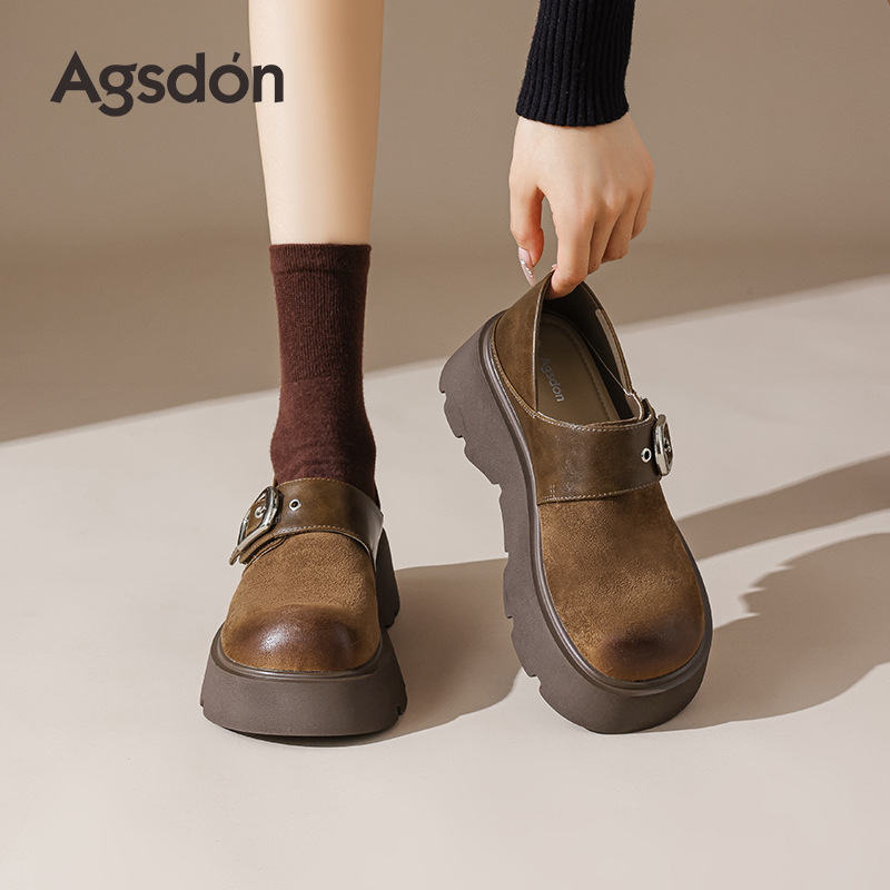 Augu ShiDeng zapatos Lefour de fondo grueso para mujeres 2025 nuevo otoño invierno retro zapatos marrones una sola cabeza de bolsillo un pie zapatos burkin